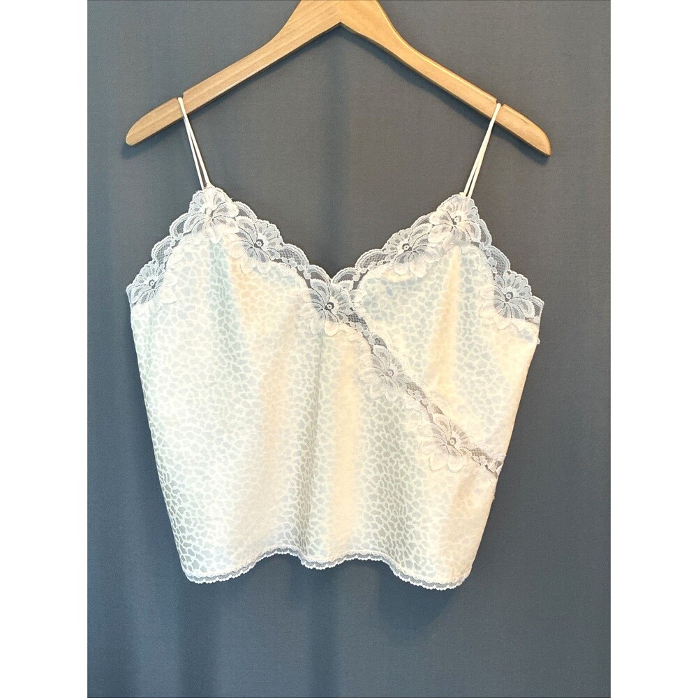Miss Elaine Lace Satin Cami Top Sz M Pink Leopard Coquette Romantic Vintage 80s